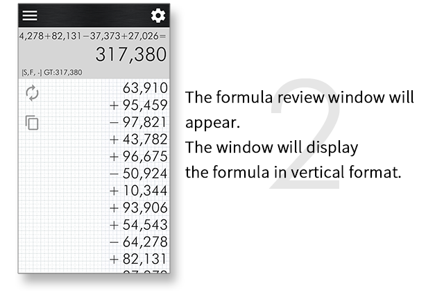 The formula review window will appear. The window will display the formula in vertical format.